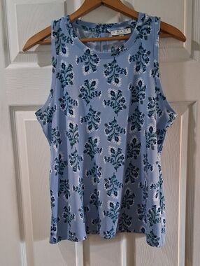 Chaus Sky Blue Floral Tank with Navy & Green Print Stretchy